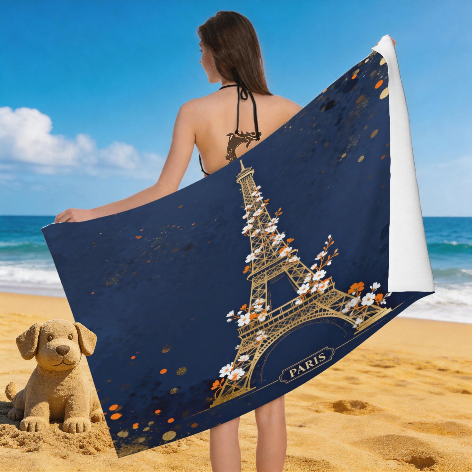 Leichong 3D Eiffel Tower Beach Towel Microfiber Soft Quick Dry for Adults, Romantic Theme Bath Towel Lightweight Soft Absorbent for Travel Swimming Pool Sports, 75 x 150 cm