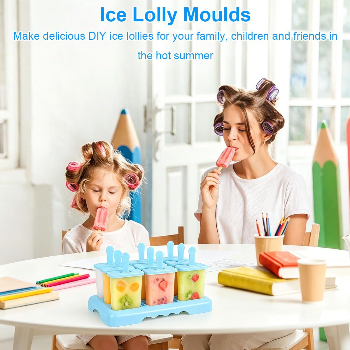 9 Cavidades Moldes Para Helados Con Palo, Moldes Helados, DIY Molde Helado, con Cepillo De Limpieza Y Un Embudo (Azul)