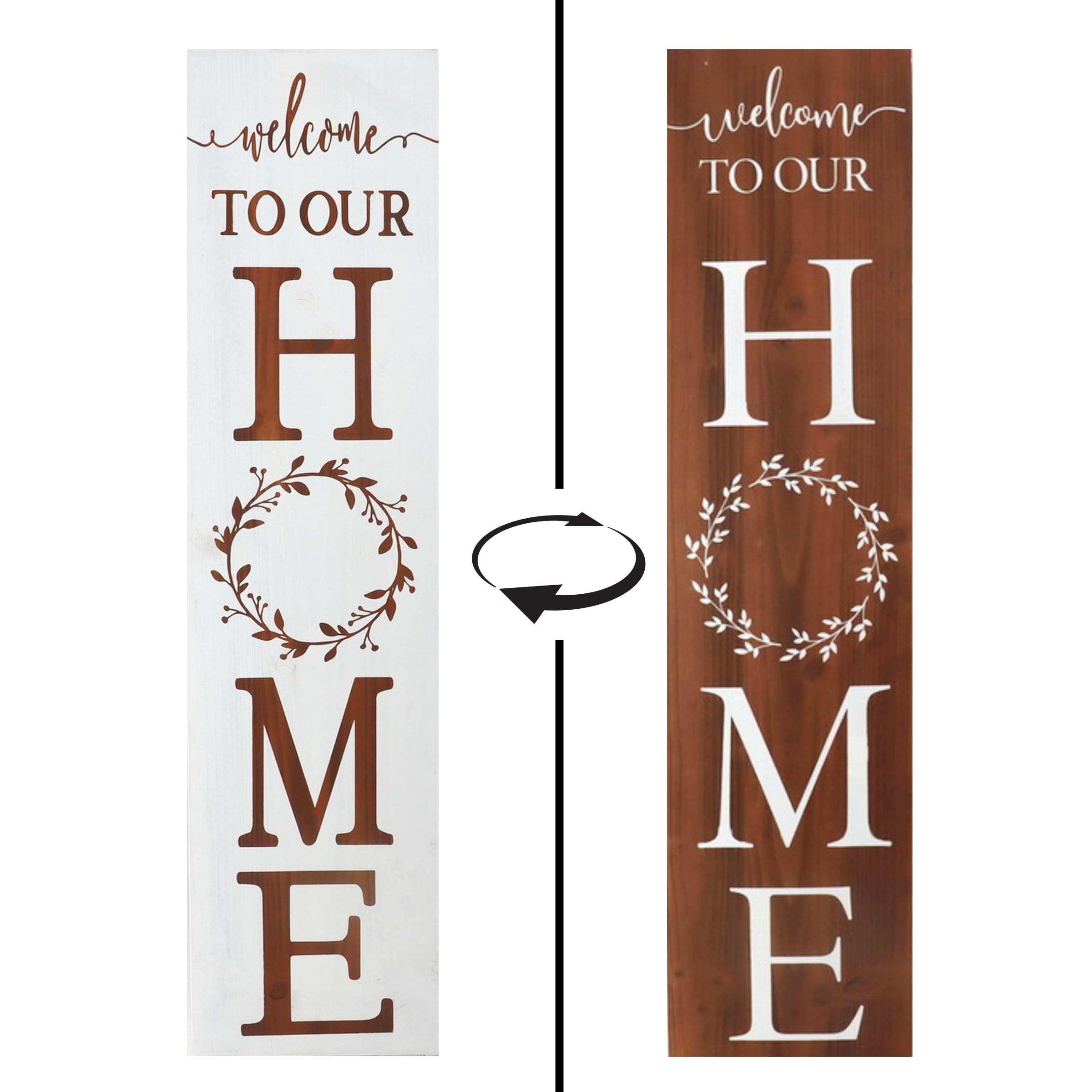 Tall Vertical Welcome To Our Home Porch Sign, Rustic Reversible Farmhouse Sign Decor, Wood Signs for Front Standing, Indoor Outdoor Decorations 36-inch (Brown/White), Brown White Welcome Sign