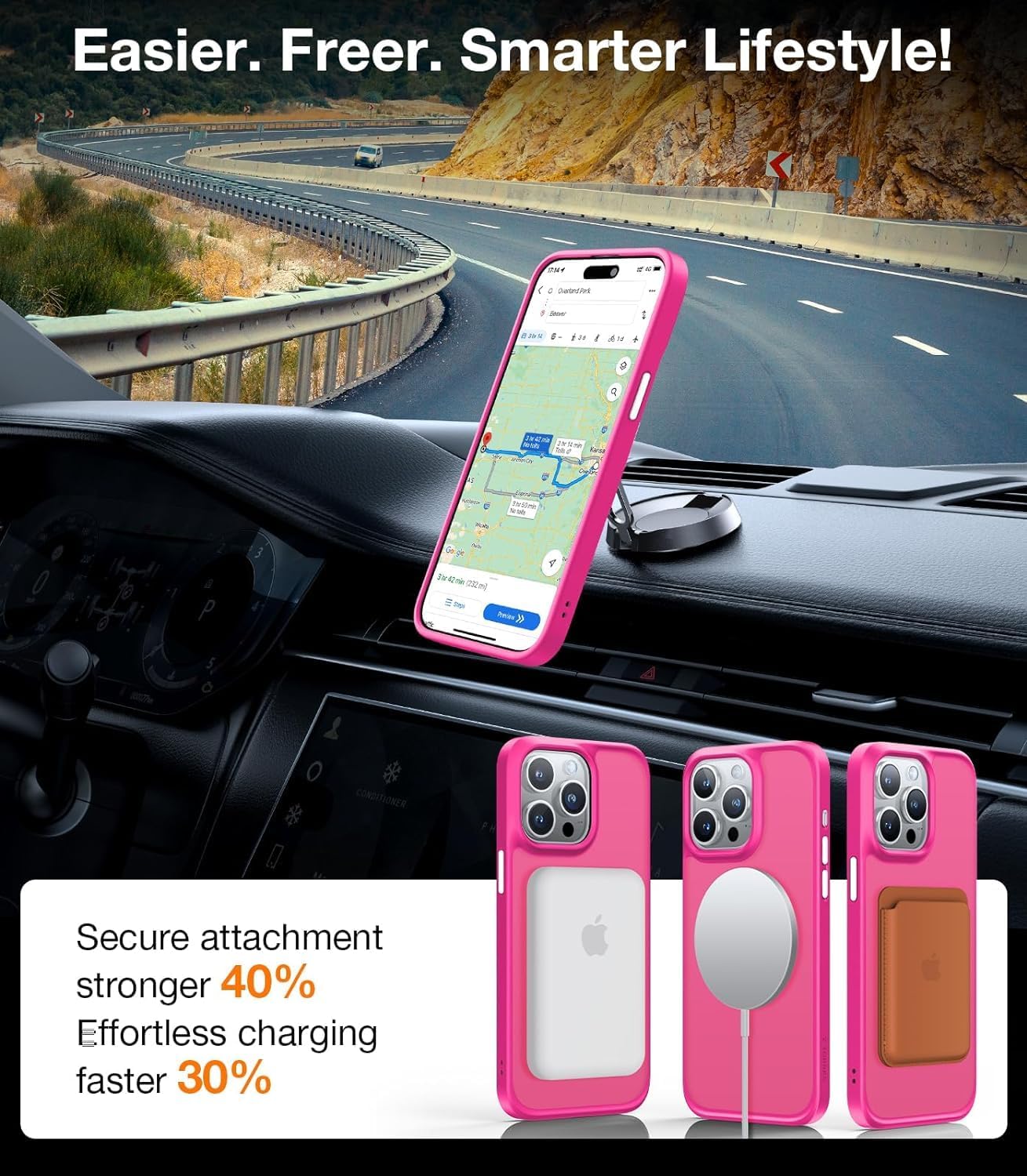 An iPhone 15 Pro Max in a hot pink TORRAS case mounted on a car dashboard, alongside three cases showing different MagSafe accessories: a wallet, a charger, and a bare MagSafe ring.
