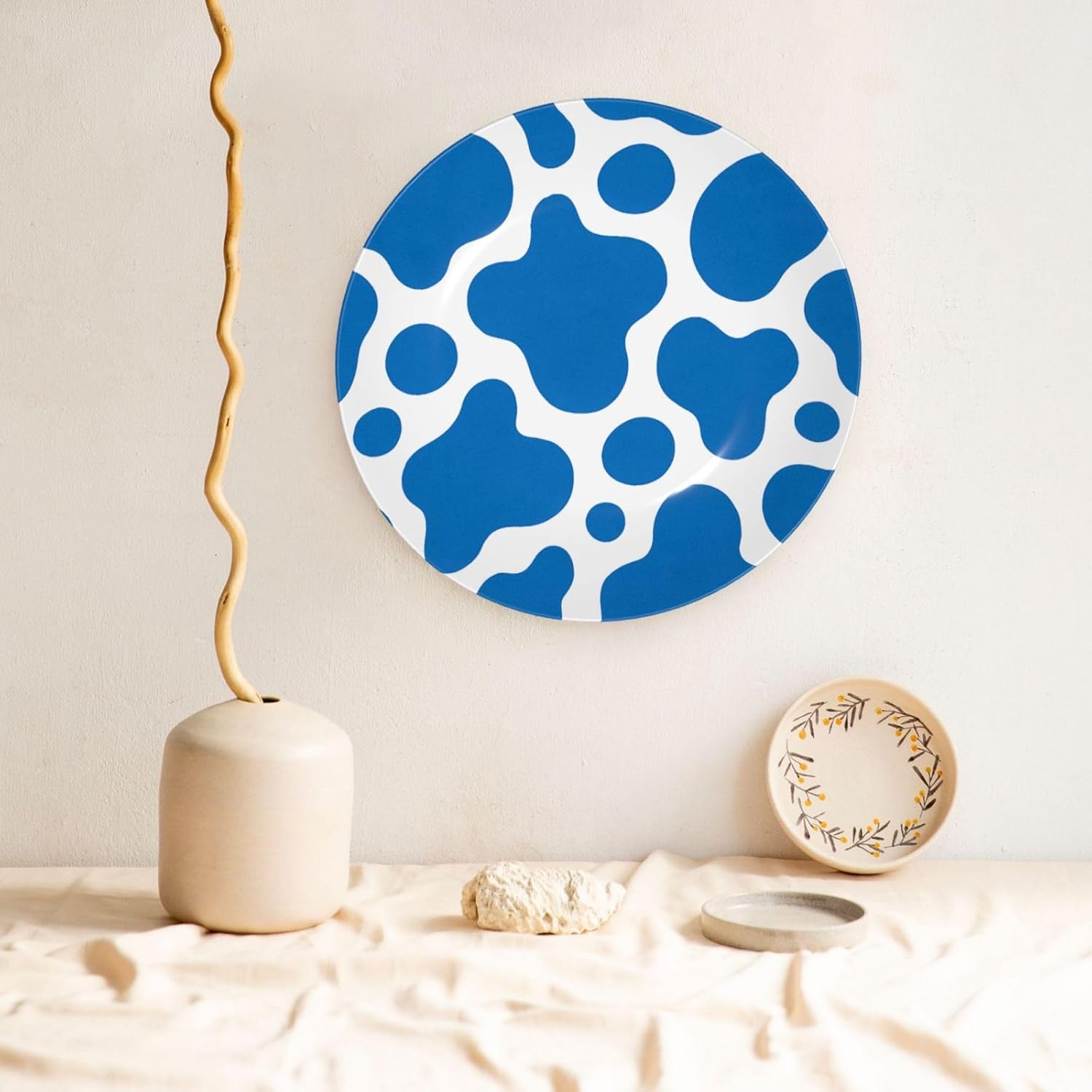Blue Cow Print 10 Inch Decorative Plate With Stand, Elegant Display Wall Plate For Home Decor
