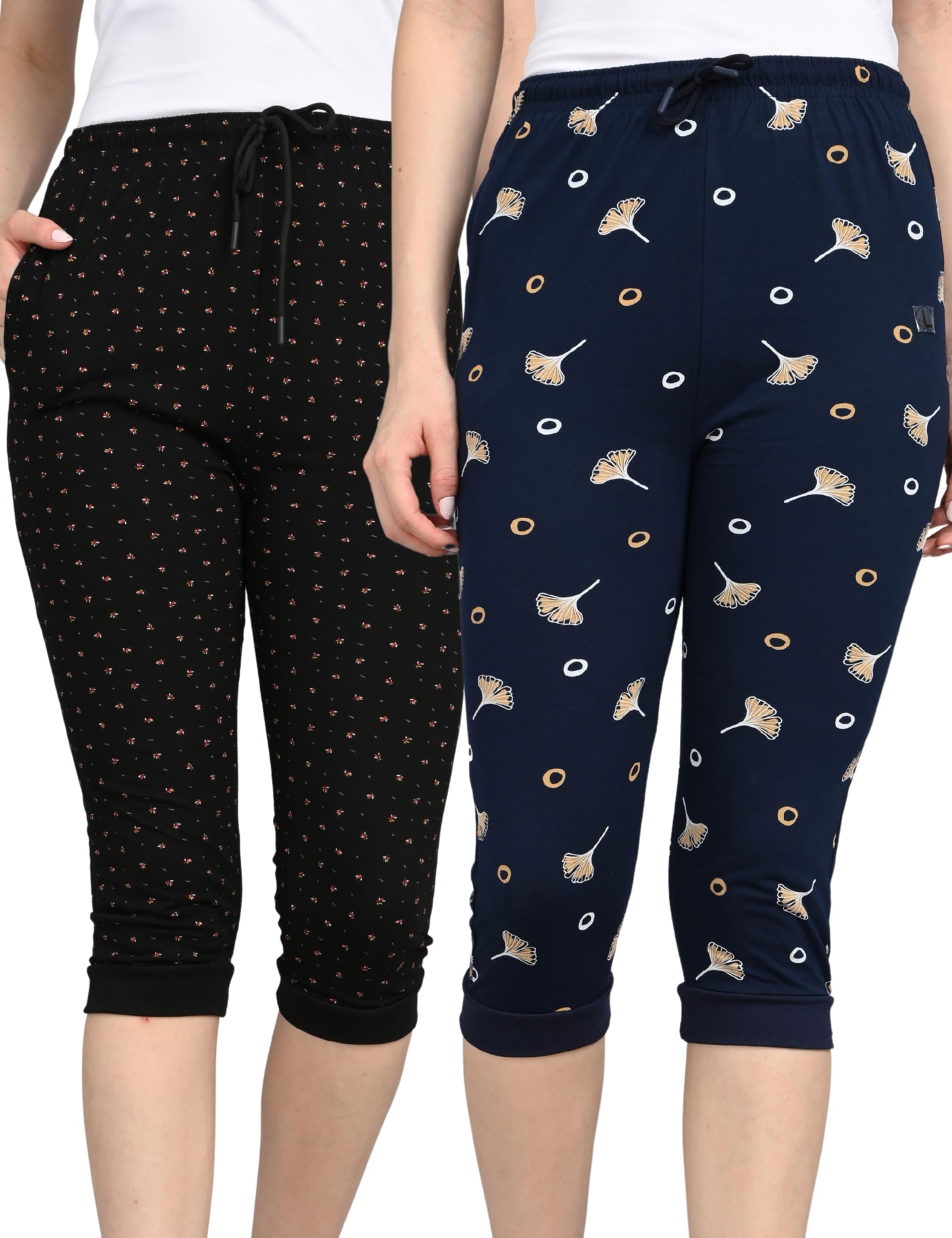 Women's Printed Capri Pants with Deep Side Pockets, Drawstring Waist, Relaxed Fit, Pack of 2-image-26
