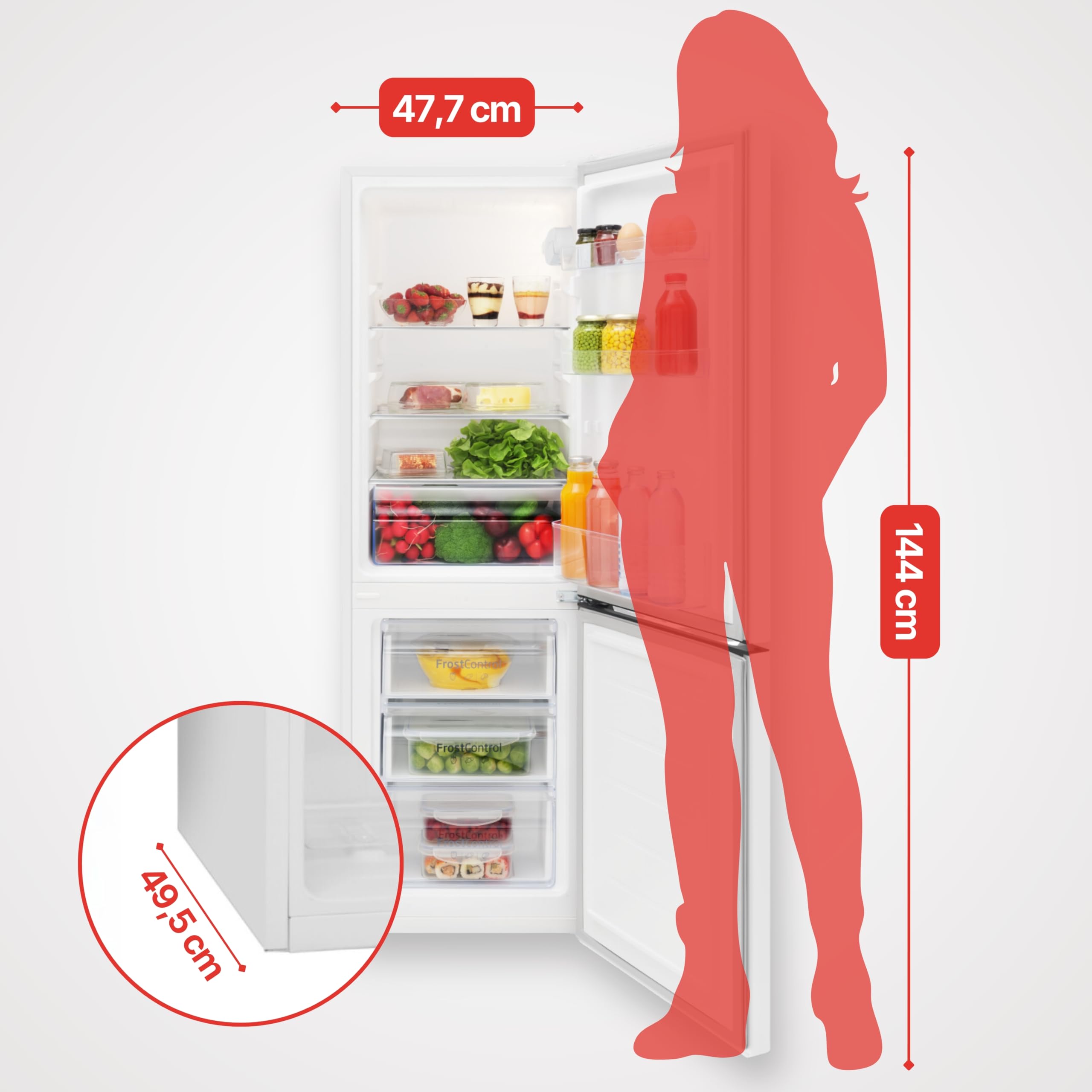 Amica Kühl‑Gefrierkombination freistehend 157 l FrostControl Superkühl und Supergefrierfunktion Sicherheitsglas LED‑Beleuchtung 144 x 47,4 x 49,5 cm – Kuehlschrank Freistehend Weiß