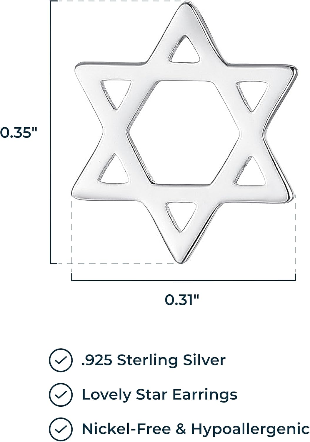 MORGAN & PAIGE .925 Sterling Silver Rhodium Plated Tiny Star of David Stud Earrings for Women - Sterling SIlver Hypoallergenic Earrings for Women, Comfortable and Secure Fit, Jewelry for Her