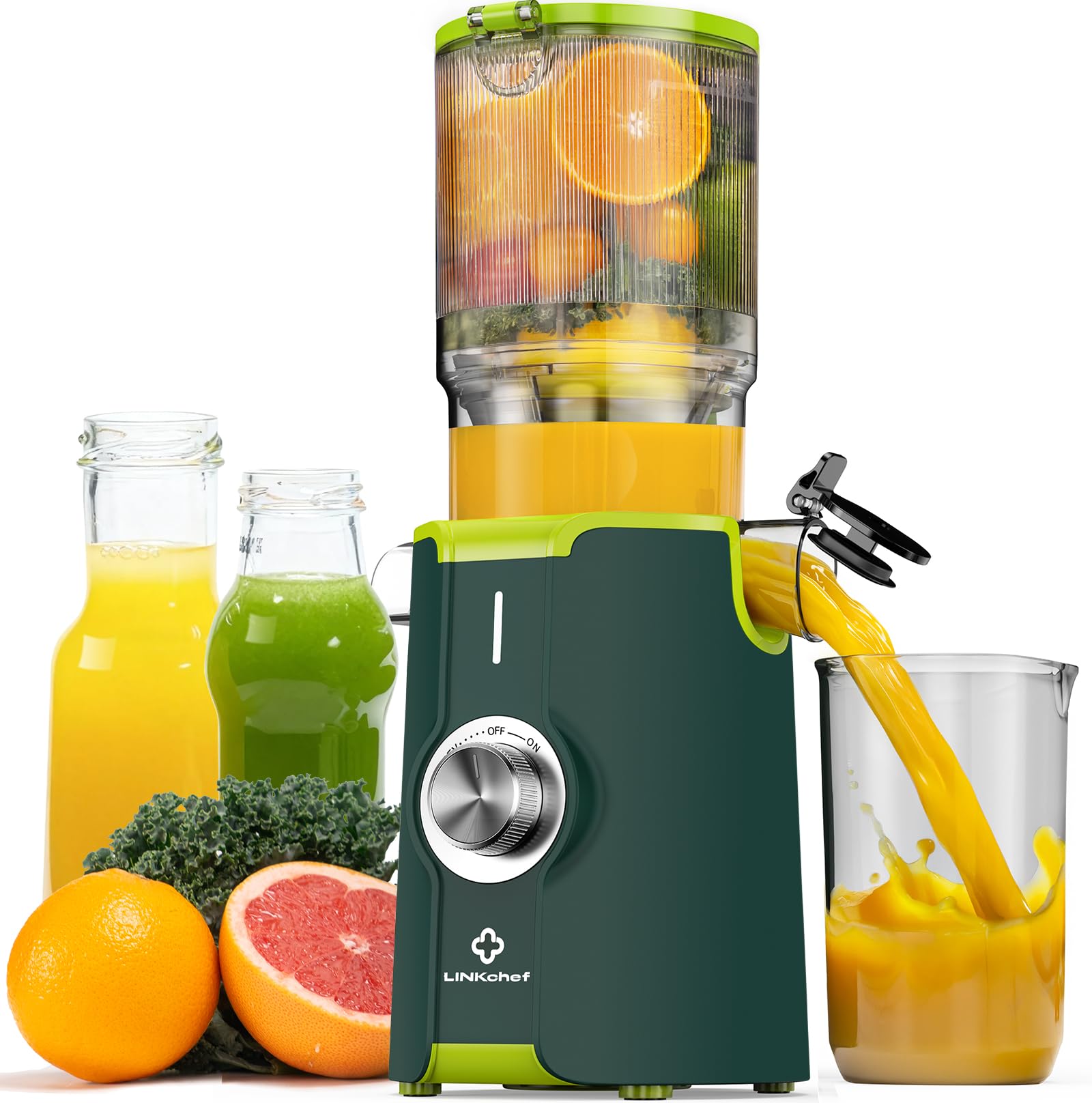 LINKChef Entsafter Slow Juicer, 115 mm Große Einfüllöffnung für Entsafter Gemüse und Obst Testsieger, Kaltentsafter 200W, BPA-frei, Einfach zu Reinigen und Montieren, Grün