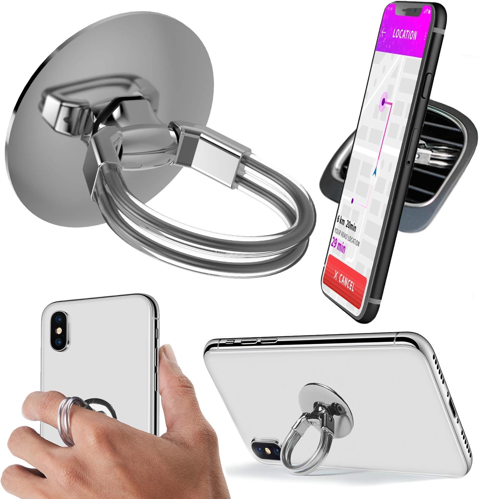 Aduro Phone Ring Holder [3-in-1] - Phone Ring, Phone Stand, Phone Car Vent Mount, Finger Grip Phone Holder for All iPhone, Samsung Galaxy (Silver)