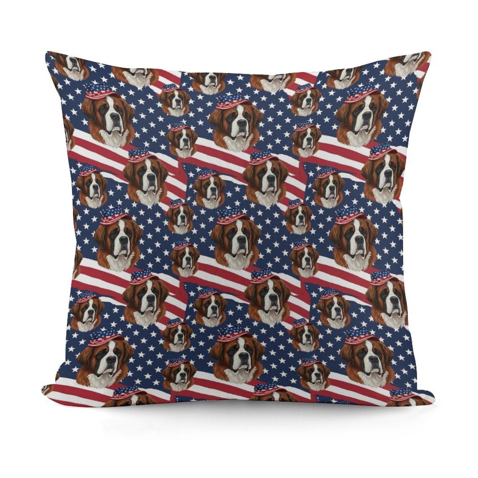 Smazdfxx Picture(27) Decorative Soft St Bernard Dog American Flag Plush Pattern Couch Pillow Covers With Zipper For Sofa, Bed, Living Room