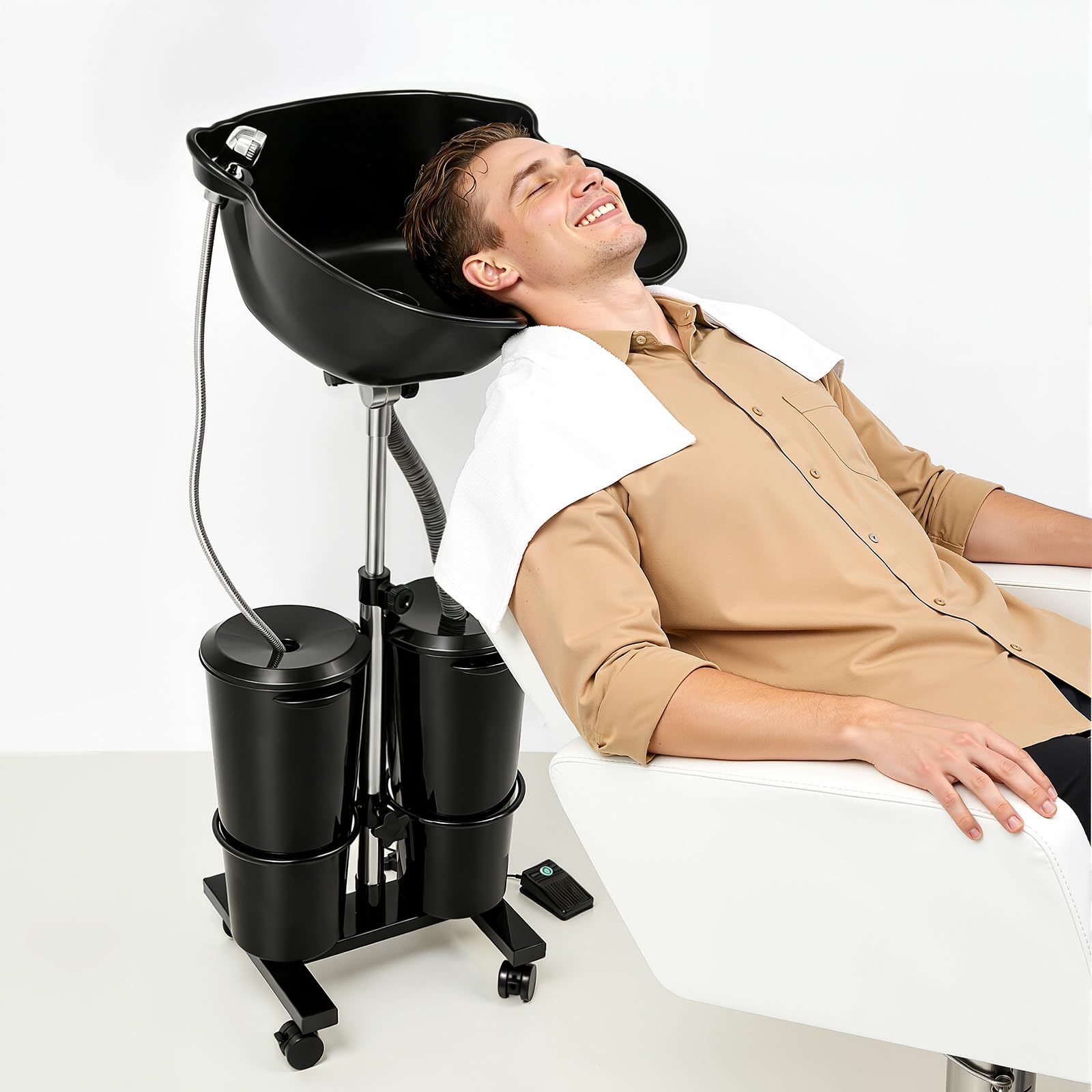 Mobiles Friseur Waschbecken Tragbares Shampoo-Becken Höhenverstellbar 2 Wassereimern Professional Rückwärtswaschbecken Haarwaschbecken für Friseursalon Zuhause