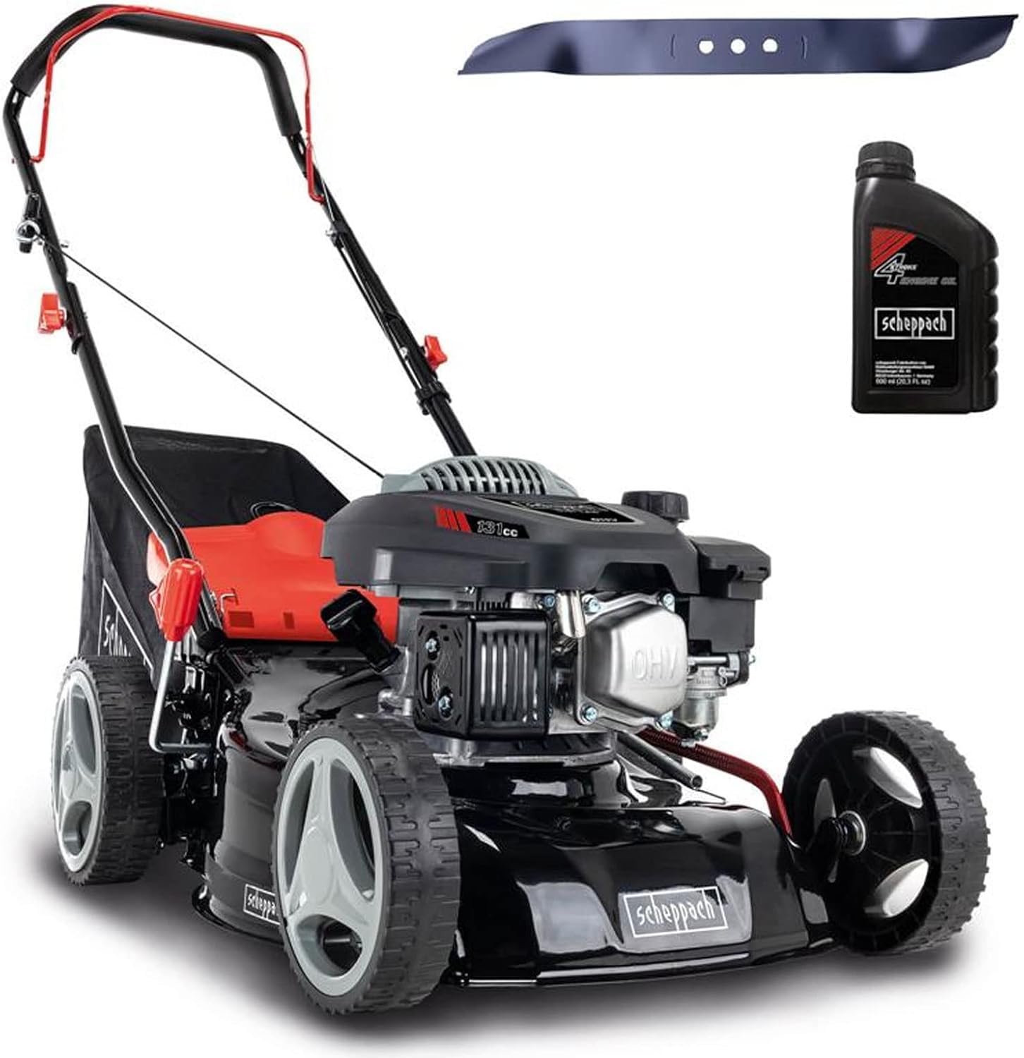 Scheppach Rasenmäher RM420 | 3in1-3,4PS | Schnittbreite 420mm | 45L Fangkorb | Schnitthöhenverstellung 25-75 mm | inkl. Motoröl & Ersatzmesser