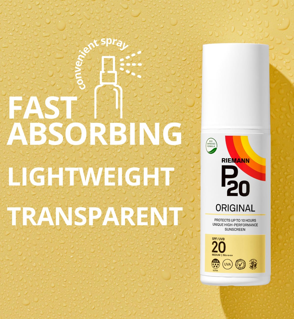 RIEMANN P20 Original SPF20 Spray 200 ml, protection solaire avancée, haute performance, triple protection + résistance à la transpiration, protège jusqu'à 10 heures, très résistant à l'eau