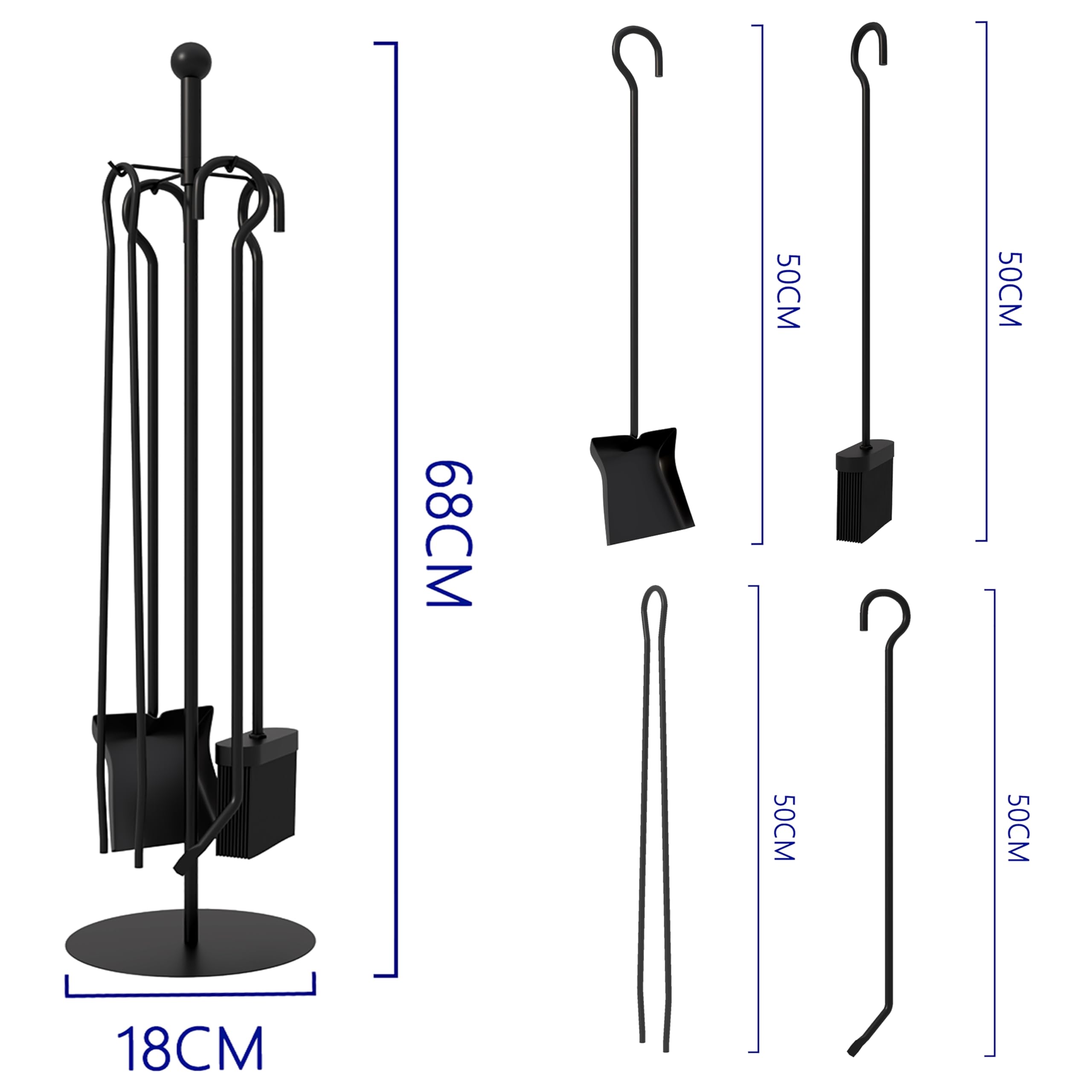 Kingson Black 5-Piece Fireside Companion Set for Log Burners Dia18cmxH68cm Includes Shovel, Poker, Brush, Tongs - Image 3