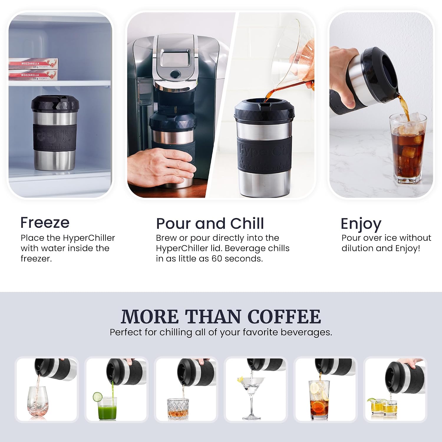 HyperChiller HC2 Patented Iced Coffee/Beverage Cooler, NEW, IMPROVED,STRONGER AND MORE DURABLE! Ready in One Minute, Reusable for Iced Tea, Wine, Spirits, Alcohol, Juice, 12.5 Oz, Black, view 10