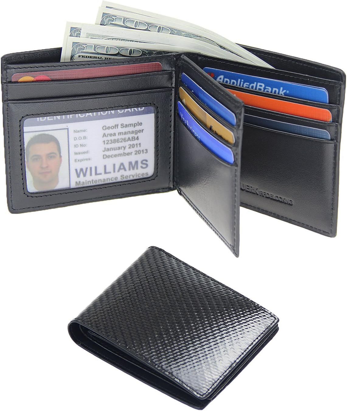 Mens RFID Blocking Wallets Bifold Slim Carbon Fiber Leather Trifold Wallet Purse Black