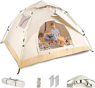 Casa de Campaña 4 Personas, Tienda de Campaña Impermeable Ligera, Montaje Rápido Automática con 2 Puertas Ventiladas e Incluye Bolsa Transporte para Camping, Enderismo y Picnic (Blanco Roto)