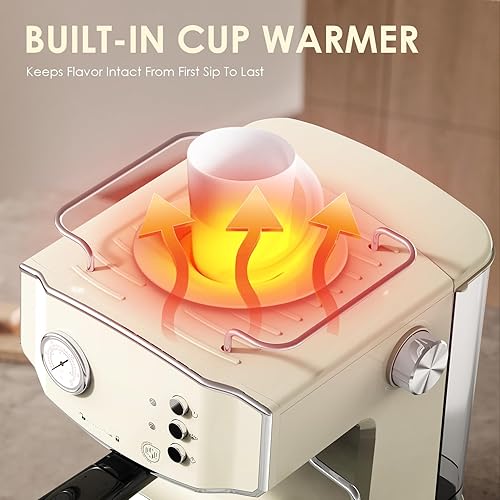 Miniatura 6 de Máquina de café expreso de 20 barras estilo retro con espumador de leche, compatible con cápsulas ESE, medidor de presión, tanque de agua extraíble