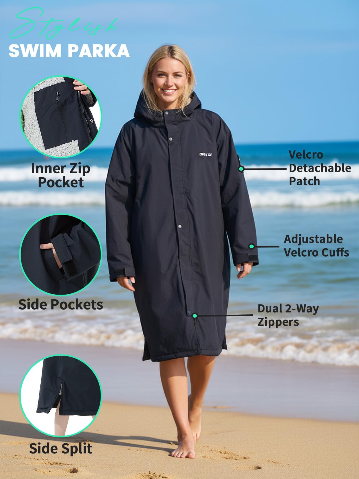 Owntop Manteau enveloppant imperméable pour homme et femme - Séchage rapide - Manteau de plage et de natation - Coupe-vent surdimensionné - Avec capuche - Doublure polaire borg (unisexe pour adultes