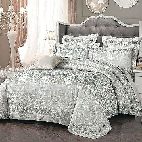 Miniatura 2 de HZH Bedding Set King Size Grey Double Duvet Covers Set Silk Cotton Double Bed Satin Jacquard 4pcs (Color  A Size  King) (D King)