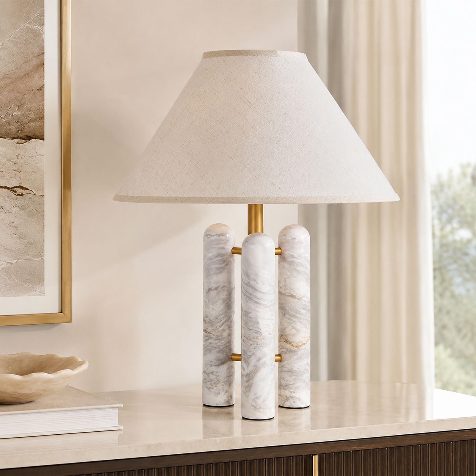 Lampada Da Tavolo In Alabastro Naturale 56 CM, Stile Mid-Century Modern, Vero Marmo; Comodino In Lino E27, Luce Notturna In Pietra A 3 Temperature Per Camera, Soggiorno, Ingresso E Ufficio