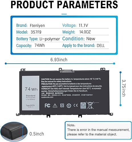 Miniatura 4 de Batería de portátil 74WH 357F9 para Dell Inspiron 15 7000 Gaming 15 7559 i7559 7557 i7557 7567 5577 5576 756 7759 i7559-5012GRY i5577-733 42BLK-PUS