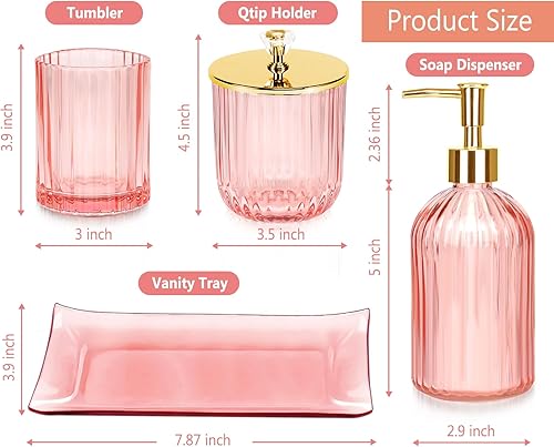 Vista 2 de Haturi Juego de accesorios de baño, 4 piezas de vidrio rosa, conjuntos de accesorios de baño completos con dispensador de jabón y loción, soporte