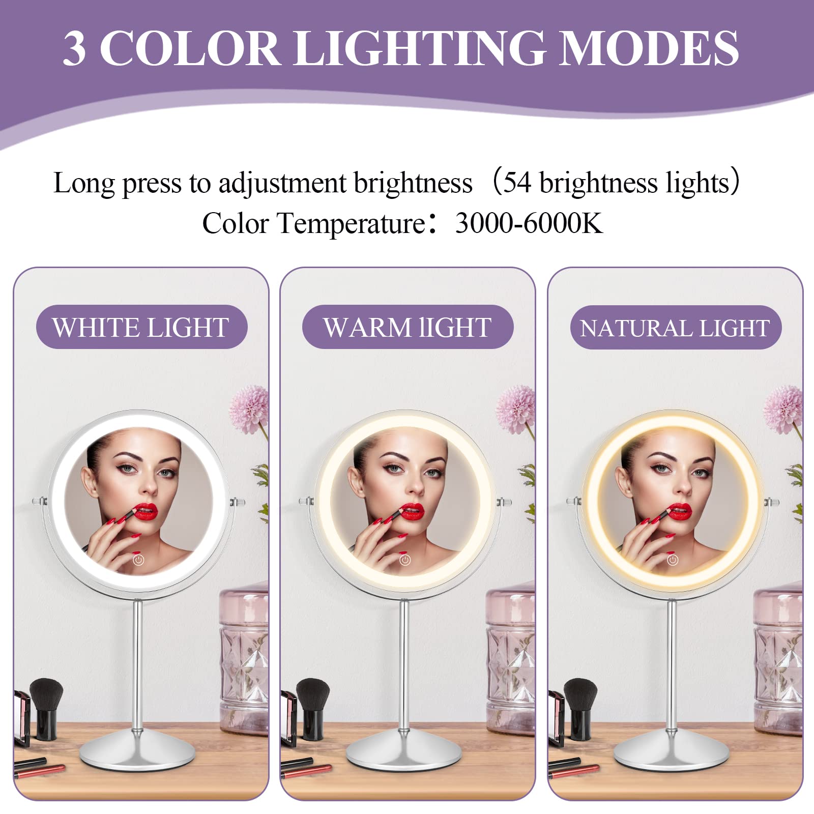 Espejo de maquillaje con luces y aumento, brillo ajustable de 8 pulgadas, aumento 1X/10X, rotación LED de 360°, espejo de tocador para mujer