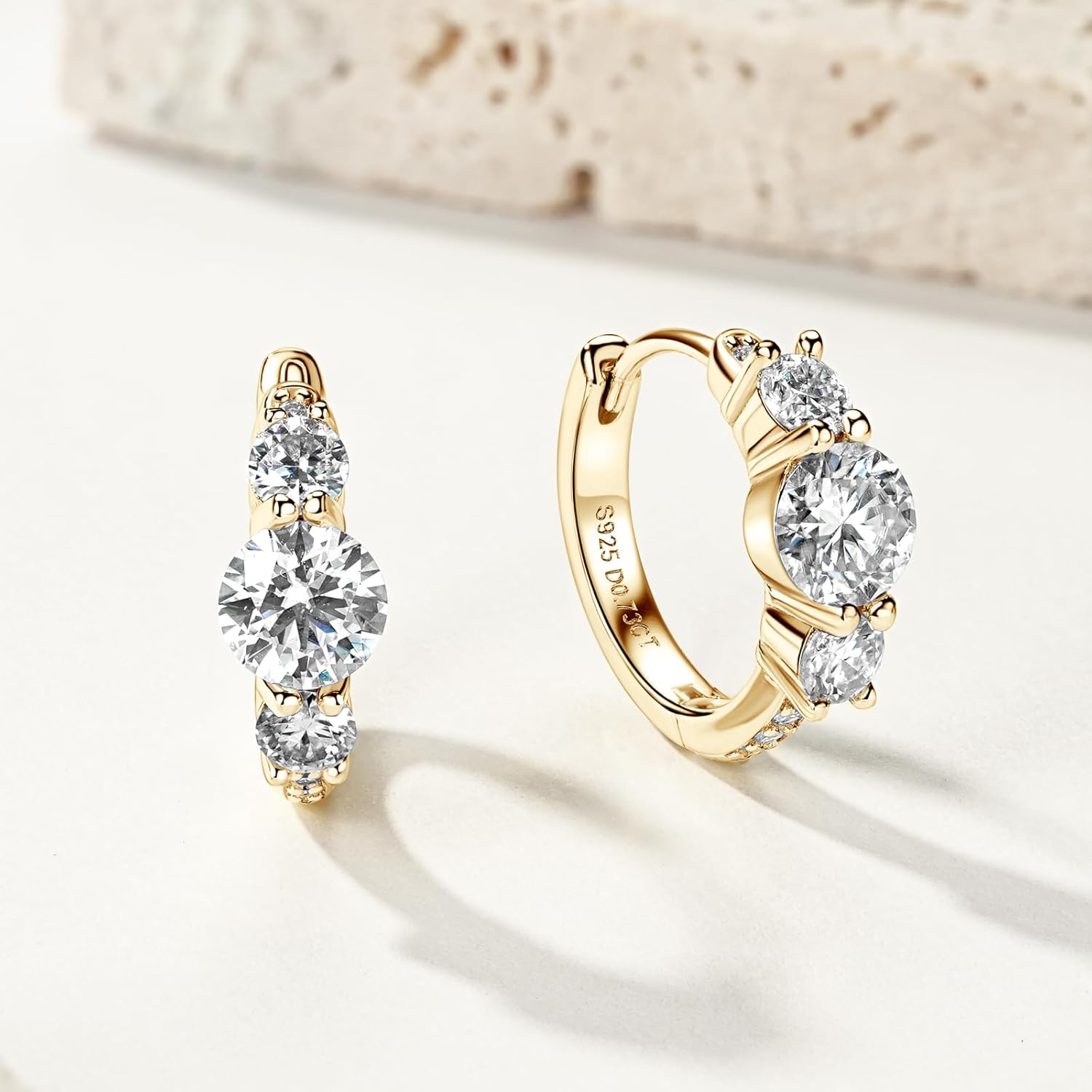 3 Stone Moissanite Hoop Earrings, 925 Sterling Silver Hypoallergenic Huggie Earrings for Women, D Color VVS1 Lab Created Imitation Diamond Round Cut Jewelry Gifts - Image 3
