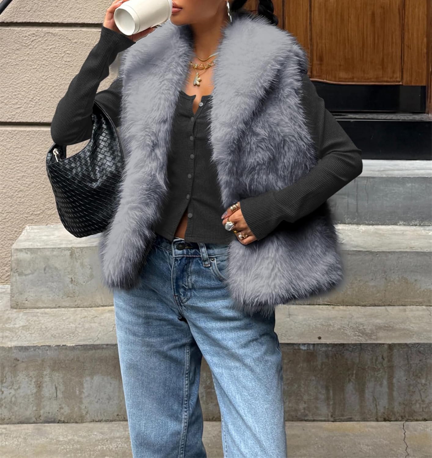 Womens Faux Fur Vest Collar Sleeveless Open Front Cardigan Top Fuzzy Coats Jacket Fluffy Outwear - Image 4