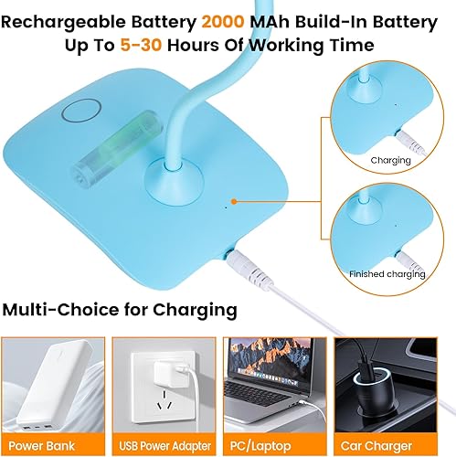 Miniatura 10 de Lámpara de escritorio alimentada por baterías, lámparas portátiles recargable, 3 modos de color, control táctil, atenuación continua, lámpara de