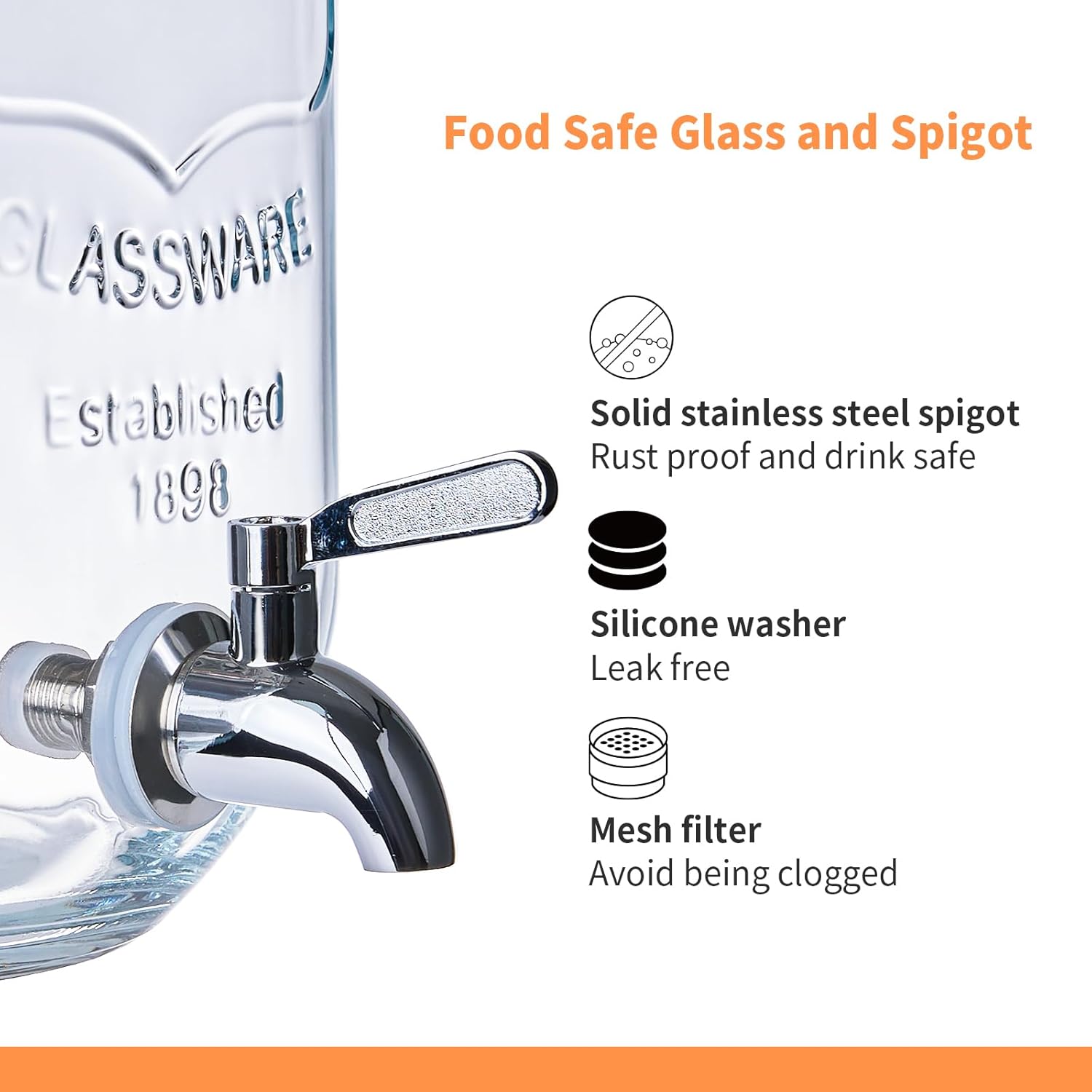 2 Pack1Gallon Glass Drink Dispenser with Stand&Bamboo Lids&Fruit Infuser,304 Stainless Steel Leak-Proof Spigot,Beverage Dispenser for Parties,Water Sangria Juice Sun Tea Lemonade(Natural) - Image 5