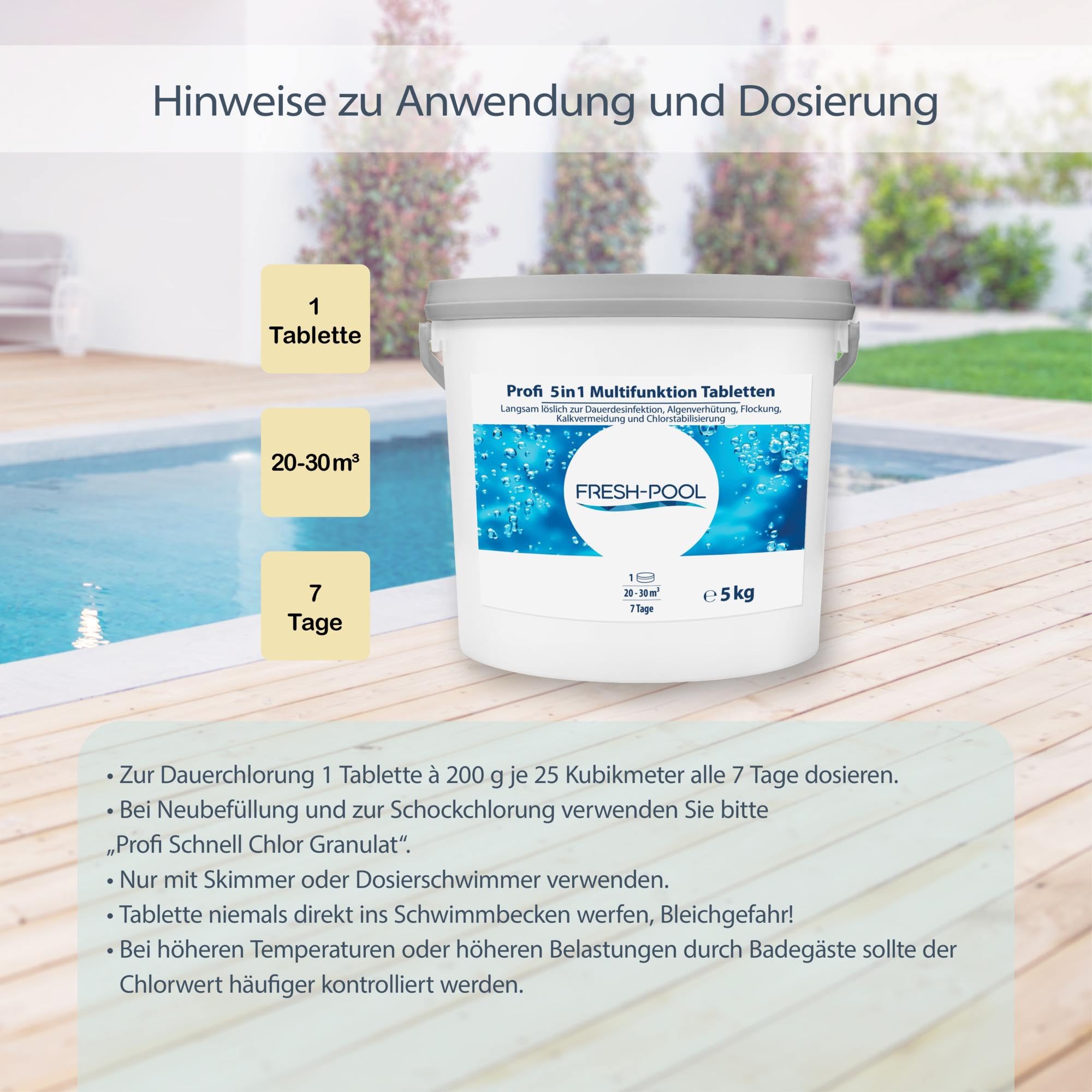 Fresh-Pool Profi 5in1 Multifunktion Tabletten 200g 5 kg - Chlortabletten für Pool mit Algizid und Flockung | Multifunktionstabletten Pool | Multitabs 5 in 1 200g | Chlortabs/Multitabs Pool 200g
