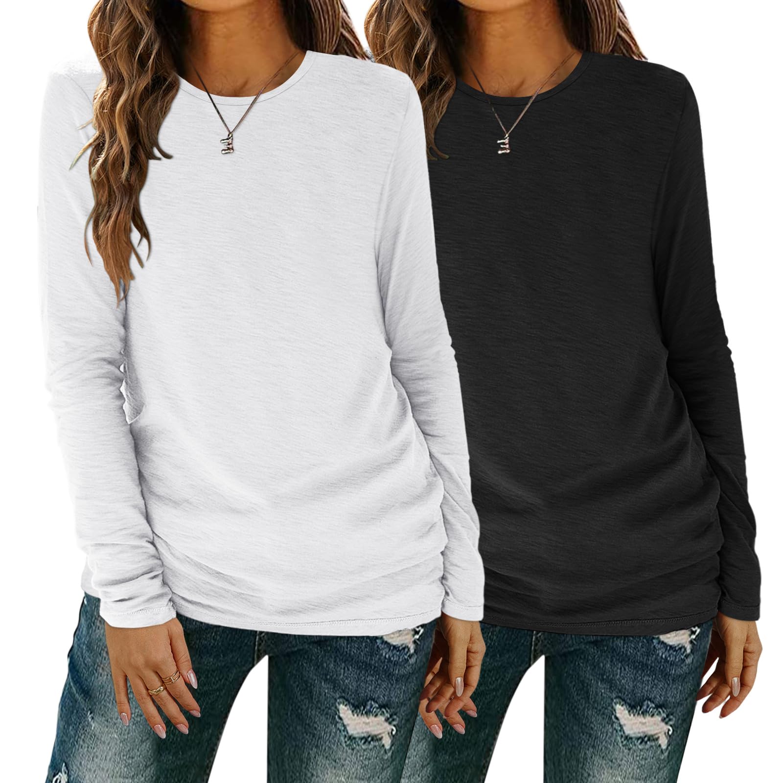 YGOODM Langarmshirt Damen, Casual Tshirt Fashion Oberteile Rundhalsausschnitt Tops Basic Lässige Longshirt
