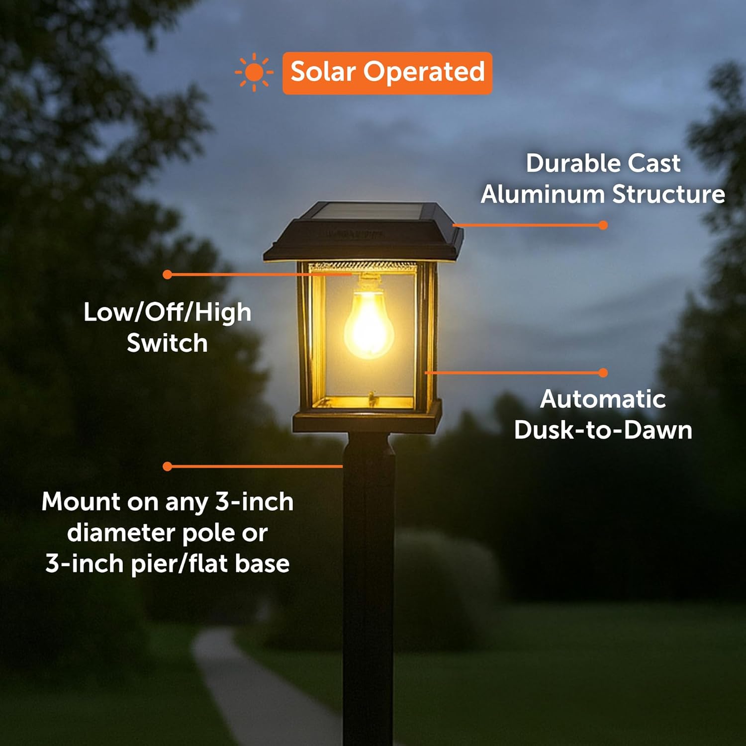 Gama Sonic Aspen II Solar Lamp Post Light Outdoor Waterproof, Black Aluminum with Clear Glass, 3-inch Fitter for Lamp Posts or Pier Mount (Sold Separately), Warm White 2700K, 8BE40012