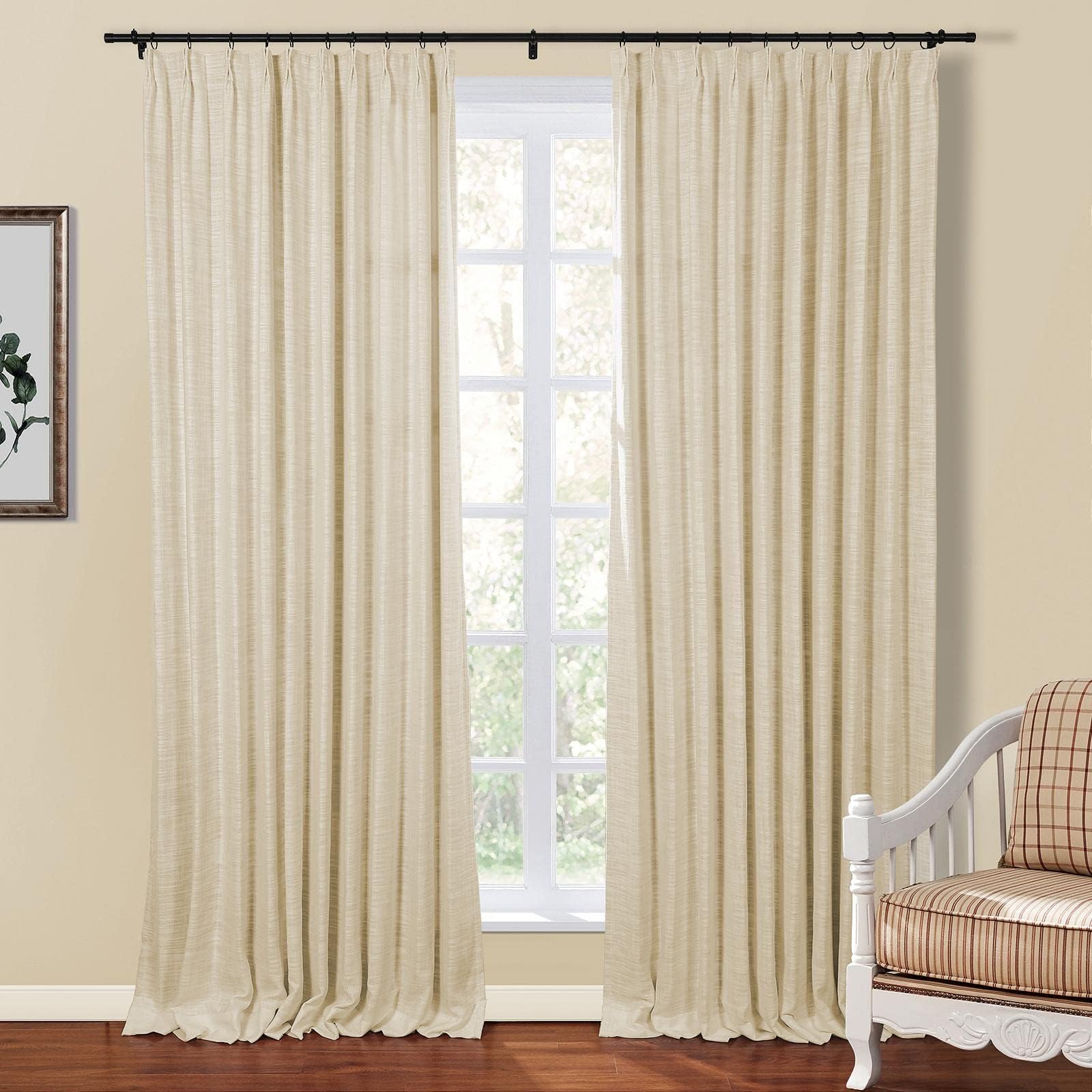 TWOPAGES Beige Pinch Pleat Curtain for Living Room 96 Inch Length, Double Layer Room Darkening Linen Look Window Curtain Panel, Privacy Drape with for Bedroom (1 Panel)