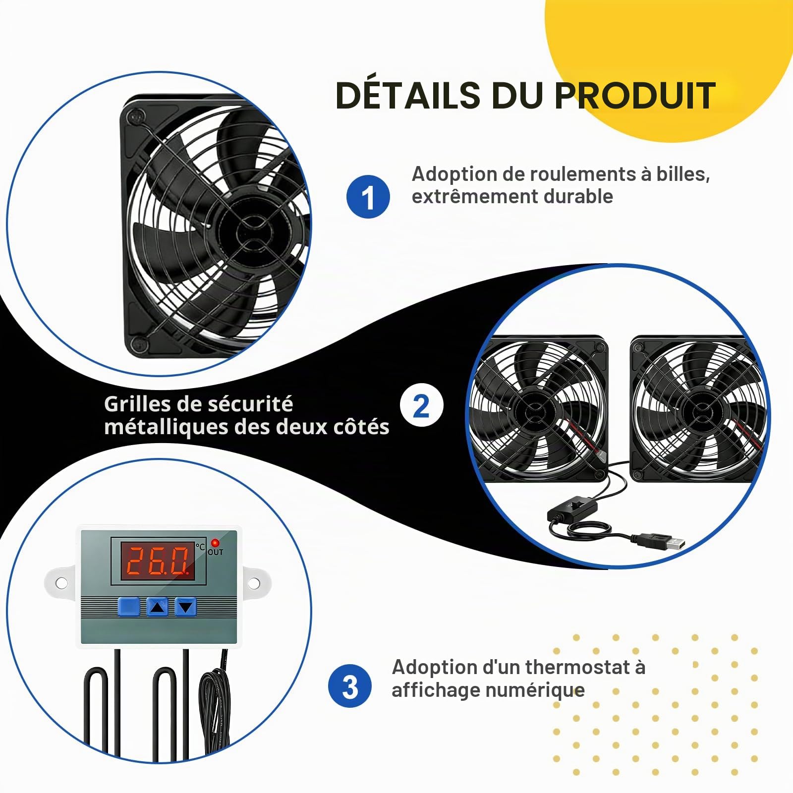 Lot de 2 ventilateurs USB, 120 mm, avec régulateur de température numérique, 5 V, 3 vitesses réglables, double roulement à billes, pour PS5/ordinateur portable/TV Box/AV, armoire, routeur