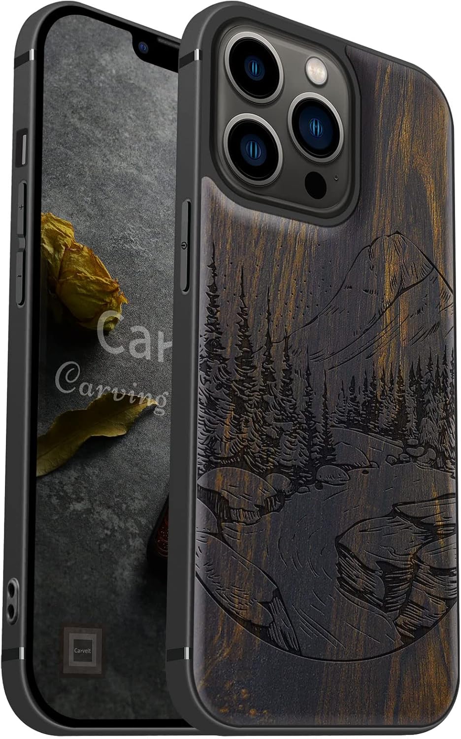 Carveit Magnetic Wood Case for iPhone 13 Pro - Natural Wood & Black Soft TPU - Shockproof Protective Cover - Unique Wooden Case - Compatible with Magsafe (Natural Landscape - Blackwood)