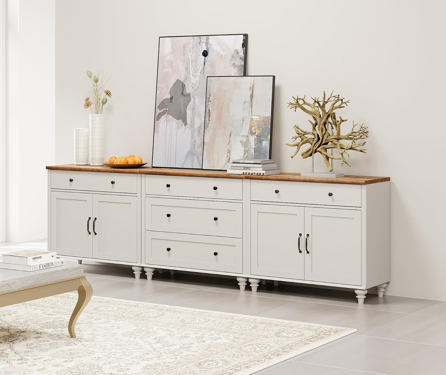 WAMPAT Sideboard Cabinet with 5 Drawers and 4 Doors, Vintage Wood Grain Design, Buffet Cabinet with Storage，Coffee Bar for Dinning Room, Kitchen and Living Room, 101 inch, White