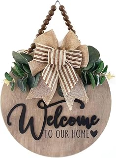 3D Welcome Sign for Front Door | Home/Farmhouse Porch Décor Wooden Hanging Sign with Artificial Leaves and Rustic Beads | Christmas Classroom |12" Round