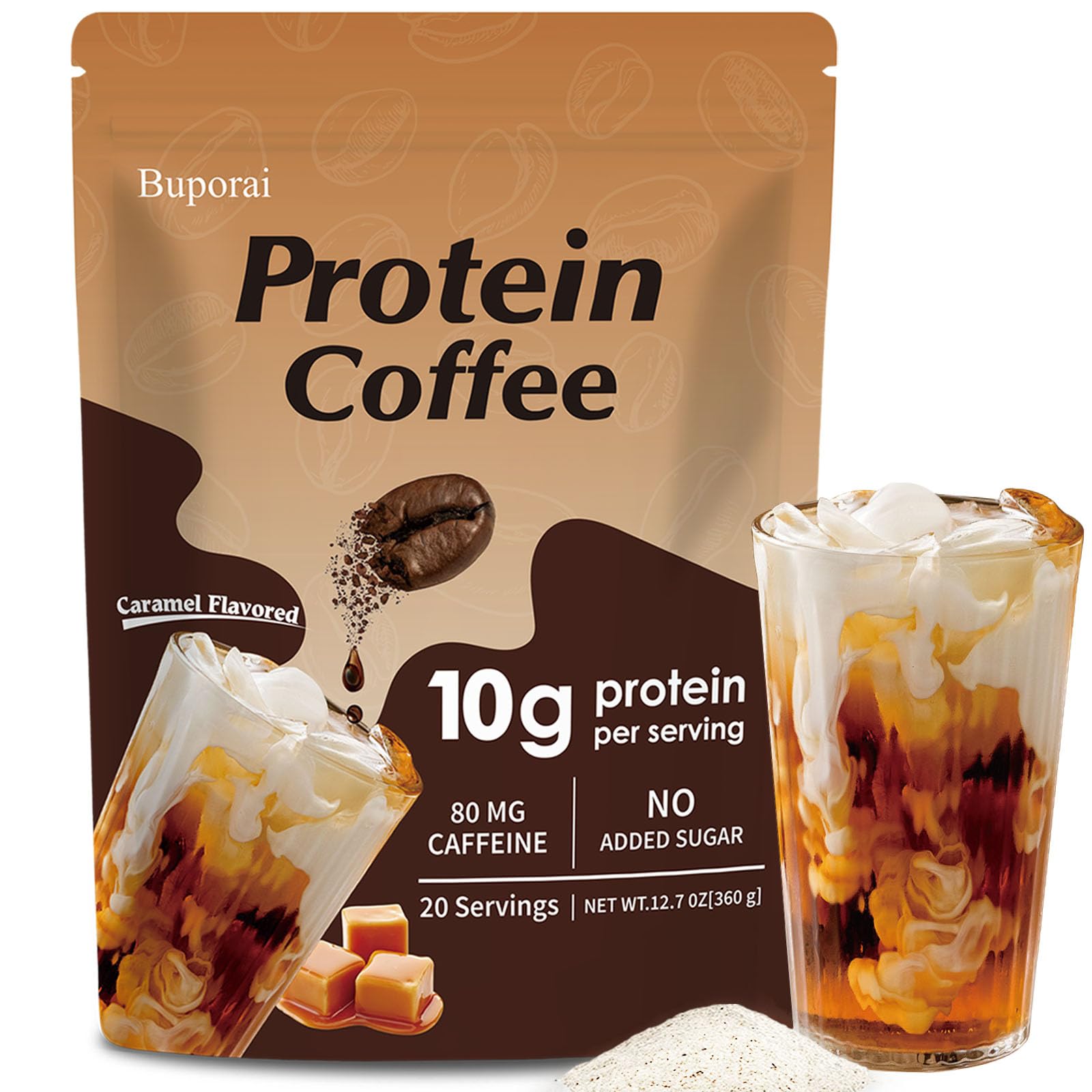 Buporai Pó para café proteico instantâneo com whey protein e café Arábica, sabor caramelo, 10 g por porção, 360 g