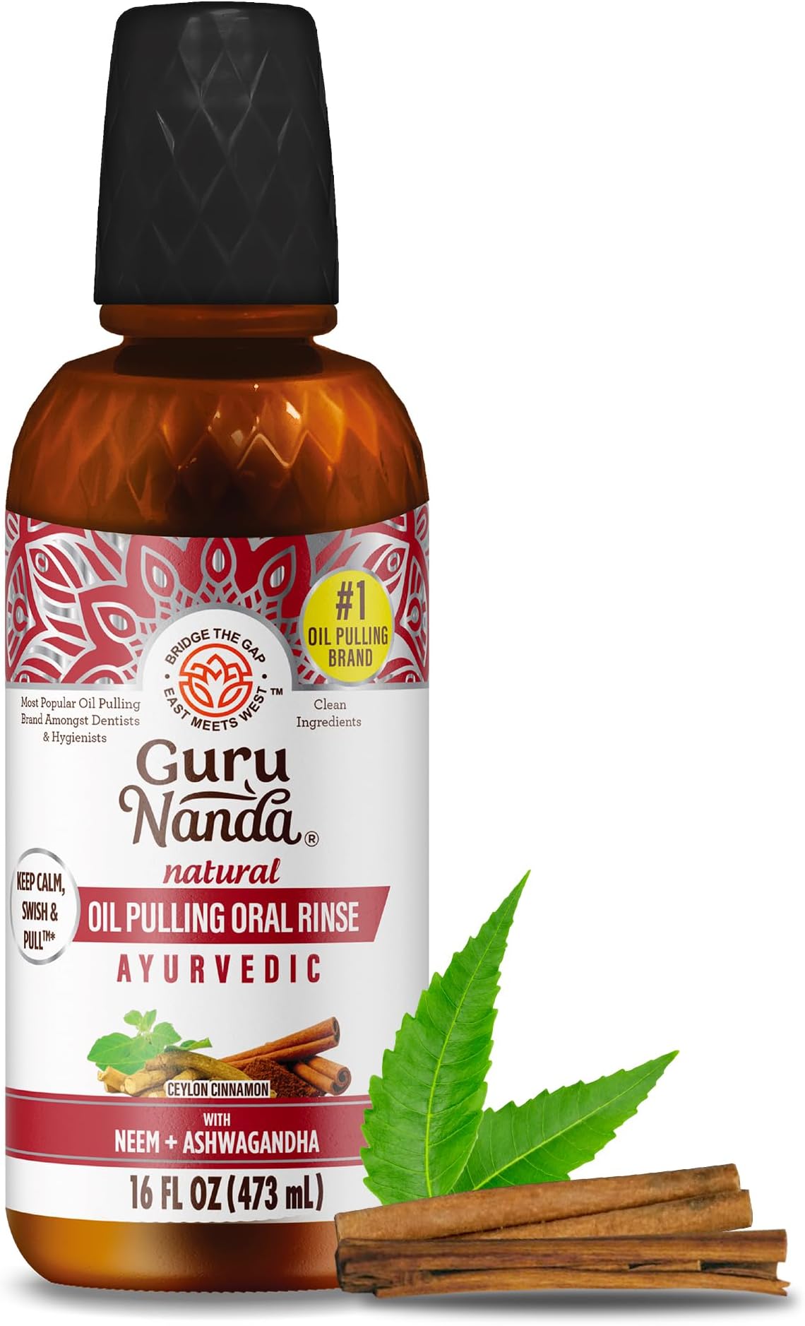 GuruNanda Ashwagandha Oil Pulling with Neem, & Pure Essential Oils (16 Fl Oz) - Ayurveda-Inspired Formula for Daily Oral Care - Alcohol & Fluoride Free