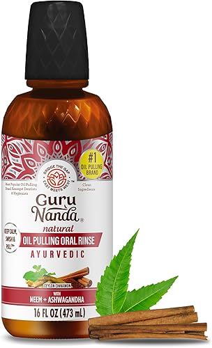 GuruNanda Enjuague Bucal de Oil Pulling con Aceite de Canela, Promueve la Calma, con Neem y Ashwagandha para Aliento Fresco y Encías Saludables, Sin