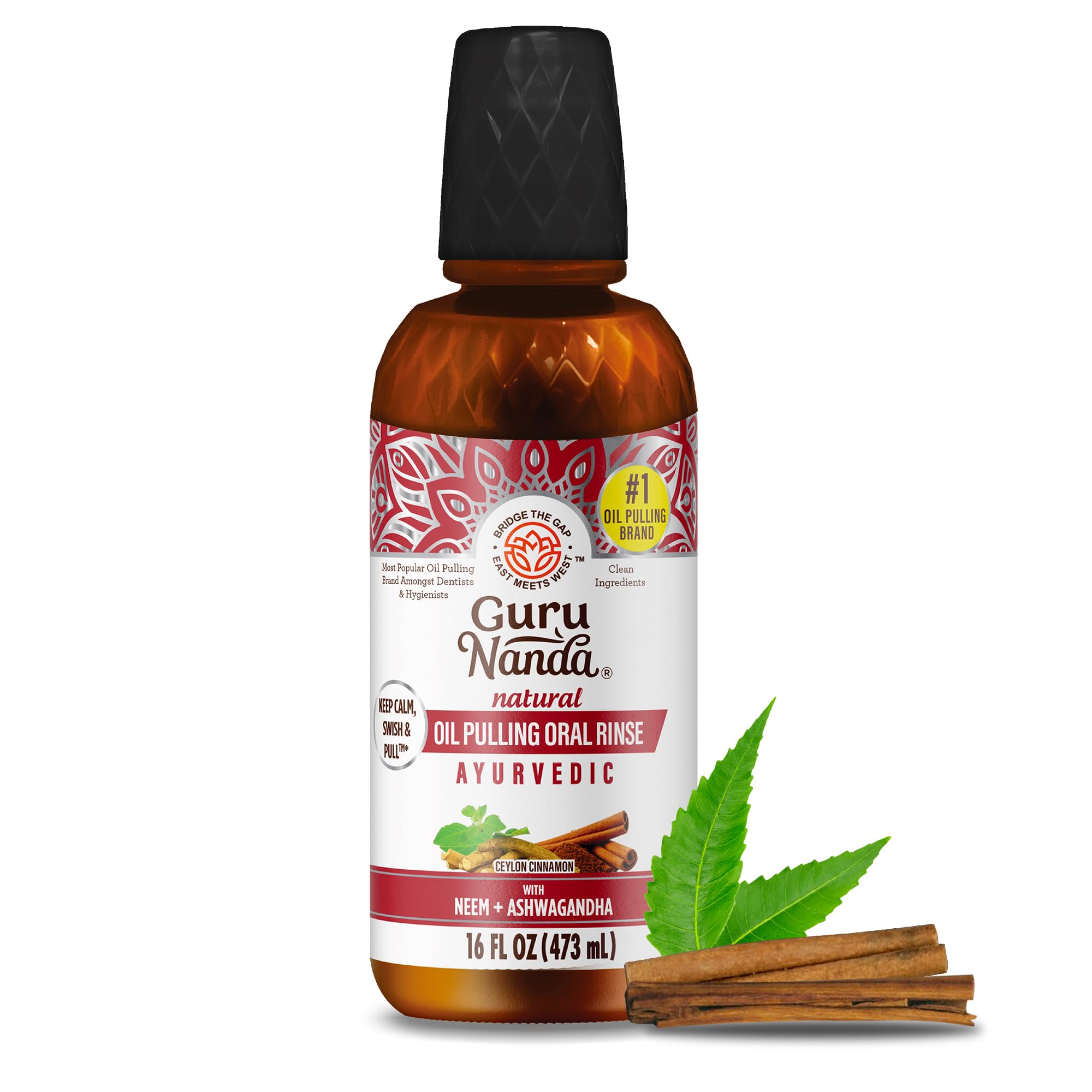GuruNanda Cinnamon Oil Pulling Mouthwash, Promotes Calmness, with Neem & Ashwagandha for Fresh Breath & Happy Gums, Alcohol-Free, with Toothbrush & Tongue Scraper, 473 ml