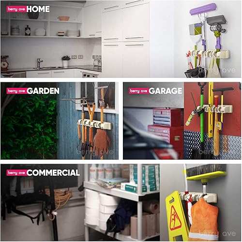 Miniatura 53 de Berry Ave - Soporte para escobas y herramientas de jardín, montaje en pared, lavandería, cocina, armario, cobertizo o garaje, 5 ranuras y 6 ganchos