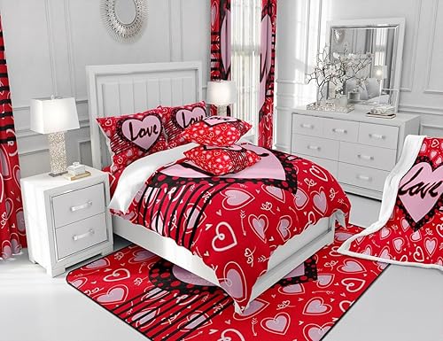 Miniatura 5 de Manfei Juego de ropa de cama para el día de San Valentín, juego de funda de edredón romántica con diseño de corazón de amor, juego de funda de