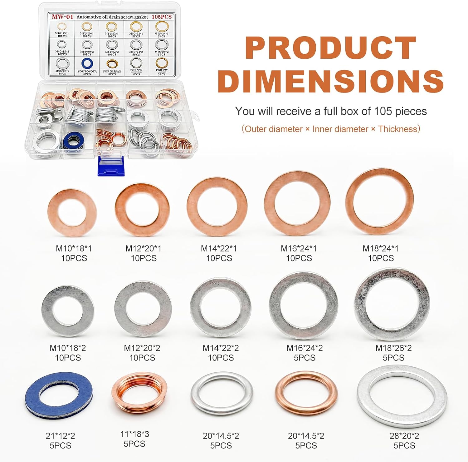 105 PCS Car Oil Drain Plug Gaskets Assortment, ID M10 M12 M14 M16 M18 M20 Engine Crush Washers, Portable Oil Drain Plugs Washer Replacement Kit for Most Vehicles, Car Accessories