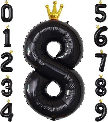 MOMOHOO Globo grande negro de 40 pulgadas con el número 8  Corona de papel de aluminio grande globos de helio del 0 al 9 para fiesta de cumpleaños,