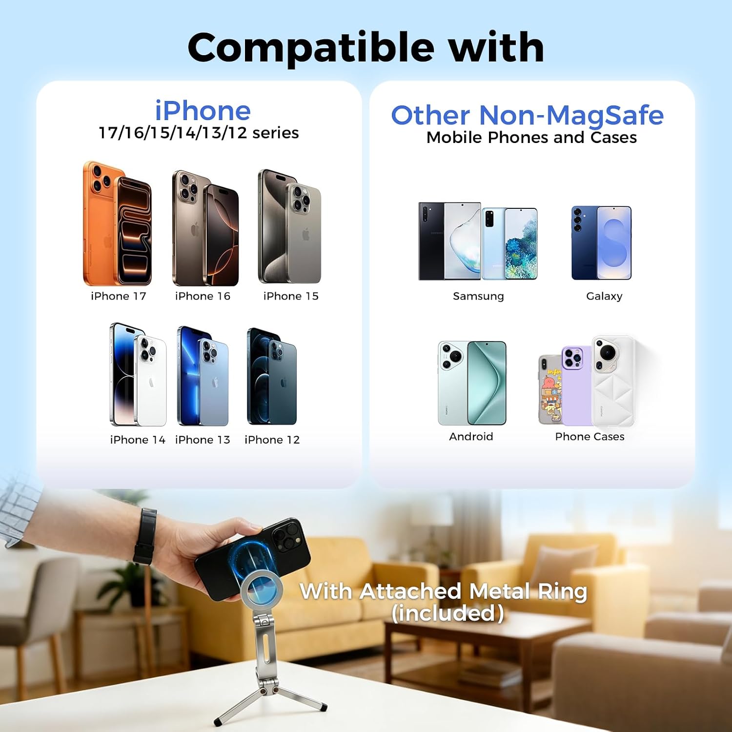 MagSafe Tripod for iPhone, Magnetic Phone Tripod Stand 360 Rotation Foldable Aluminum, 2 in 1 Tabletop Tripod and Handheld Mount for Photography Live Streaming Video Calls Desktop Use