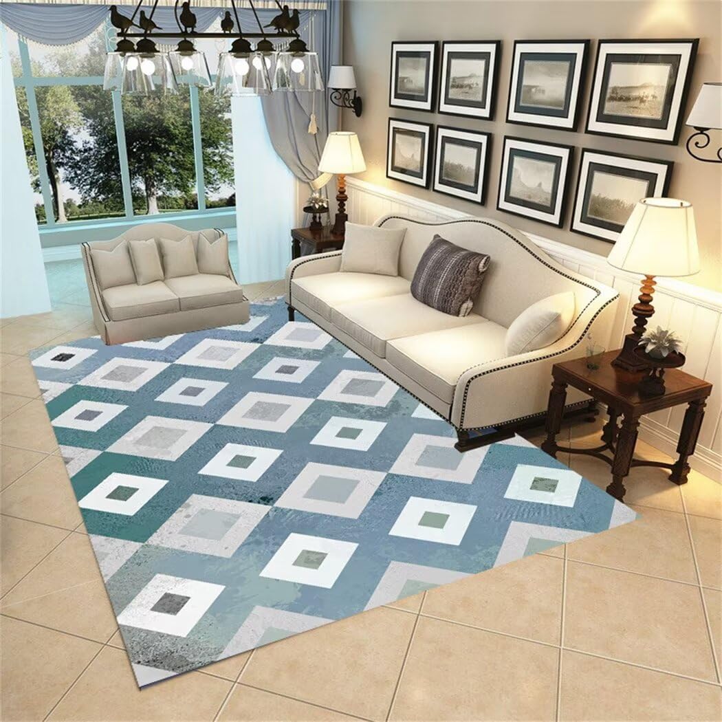 Tapis de salon géométrique bleu lavable pour sol chambre adulte