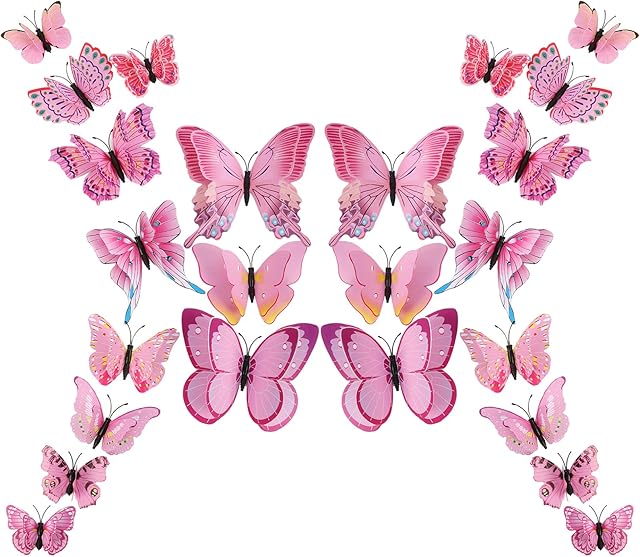 24pcs 3D Butterfly Wall Sticker Butterfly Decorative Double Layer Stereo Art Decoration Colorful Double Wings Butterfly Wall Stickers for Nursery Living Room Bedroom Home Decoration (Pink)