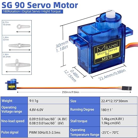 Miuzei Sg90 9g Micro Servo Motor for Arduino RC Car Robot Boat Plane 5Pcs | Mini, Small, 9 Gram, Metal Gear, Digital, 180 Degree, Steering Servos for Rc Airplane Helicopter Robotic Arm Diy