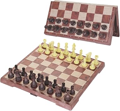 Mini Magnetic Travel Chess Set 6.5inch, Walnut-Style - Small Portable Pocket Folding Chess Board Games for Adults & Kids, Ideal for Travel, Home & Gifts, with Secure Magnetic Pieces & Built-in Storage